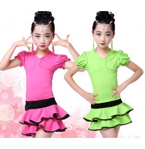 Neon green fuchsia hot pink short sleeves spandex girls kids children gymnastics stage performance latin salsa samba rumba split sets dance dresses sets costumes outfits